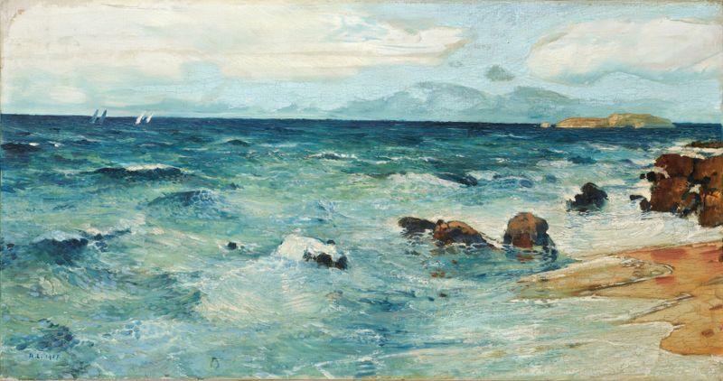 Paisaje costero en óleo de Rudolf Löw con mar, horizonte y cielo pastel.