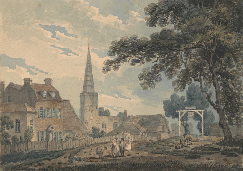 Aquarela de Thomas Girtin retratando Harrow-on-the-Hill com prados e céu.
