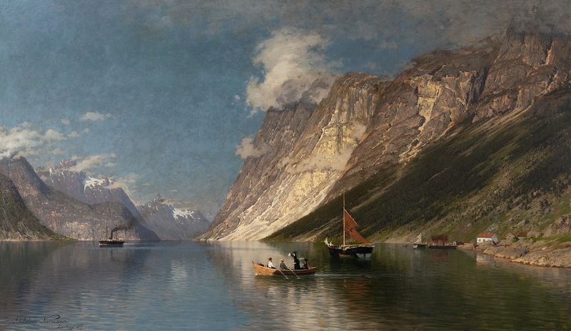 Landscape of The Romsdal Fiord by Adelsteen Normann, oil painting depicting hills and water.