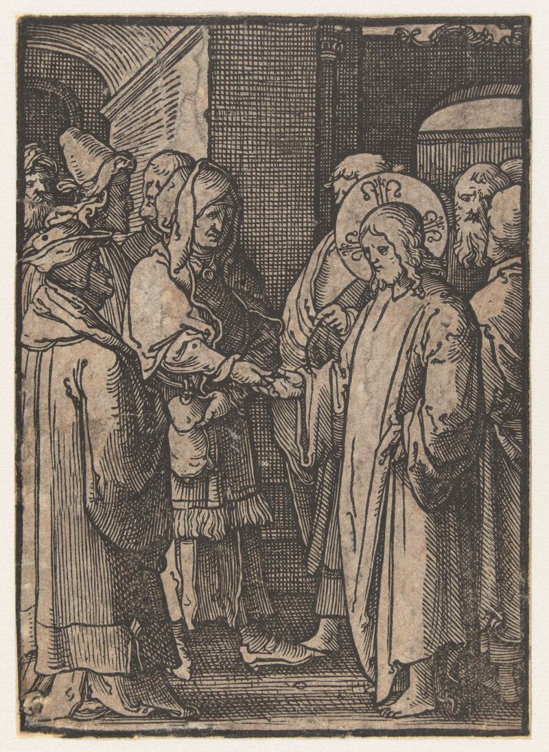 Escena figurativa con figuras en contemplación, grabado de Lucas van Leyden