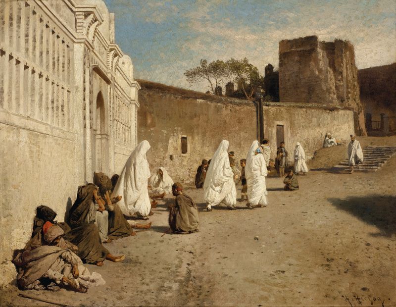 Oil painting by Hermann Ottomar Herzog depicting the Alhambra with golden light.