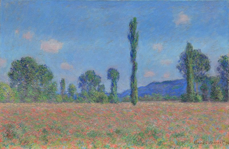 Campo de Amapolas de Claude Monet, óleo sobre lienzo que muestra un campo de amapolas rojas bajo un cielo azul.