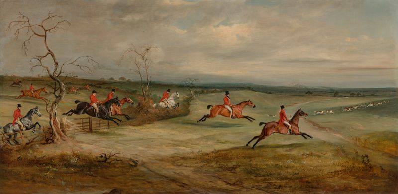 A Hunt Scurry, óleo sobre tela de John Ferneley Senior, retratando cavaleiros e cavalos em uma paisagem vibrante.