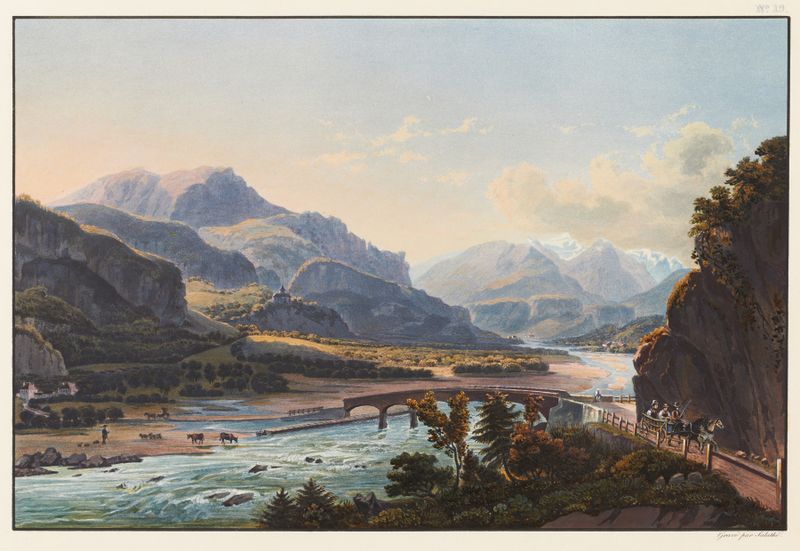 Paisaje con colinas onduladas y un camino sinuoso, óleo de Johann Ludwig Bleuler