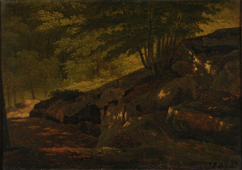 Sous-bois de Jean-Baptiste-Camille Corot, pintura a óleo que retrata uma cena tranquila de floresta e rio