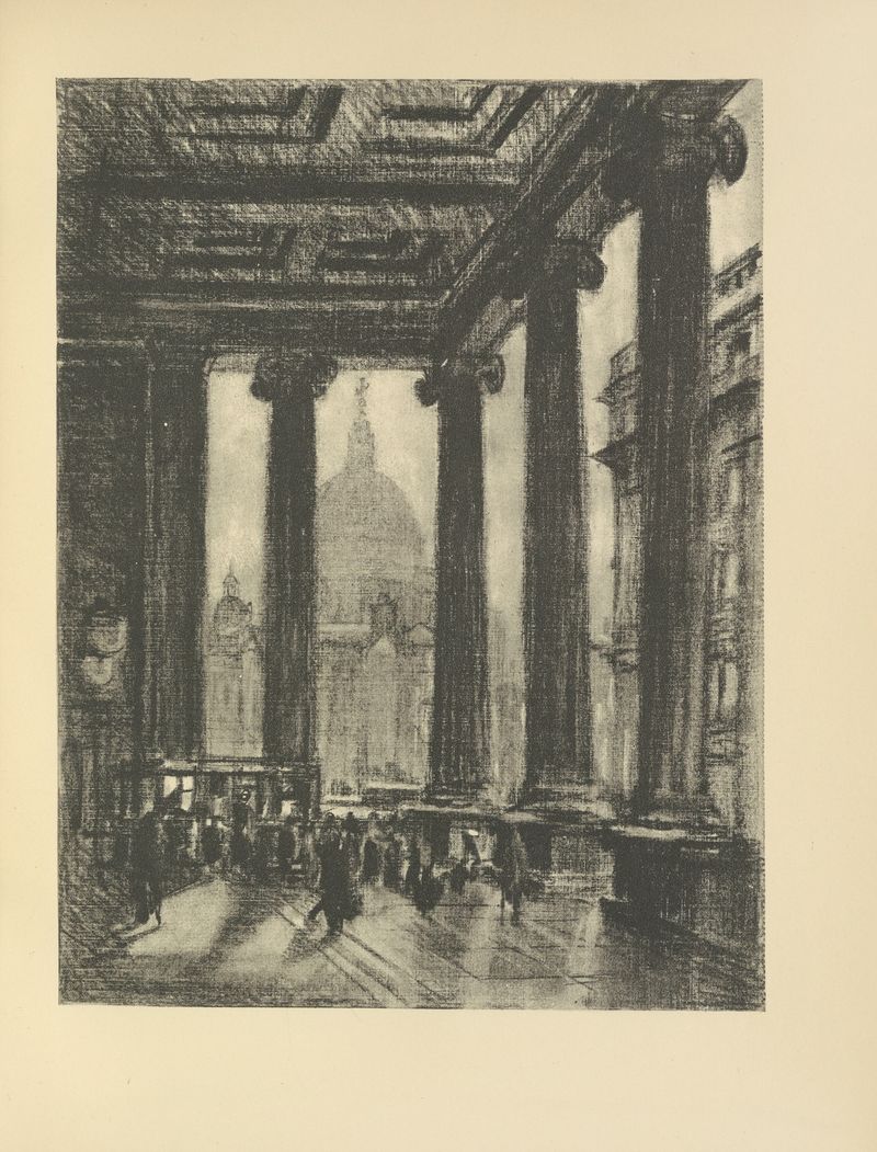 The Post Office de Joseph Pennell, tinta sobre papel, con líneas arquitectónicas y profundidad.