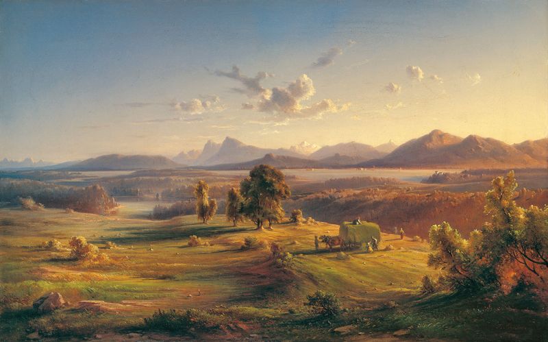 Heuernte am Chiemsee, escena de género de Felix von Schiller, mostrando cosechadores junto a un lago en 1845