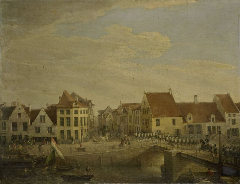 Dutch Troops passing through the Fortress of Dendermonde, óleo sobre tela de Petrus Groenia