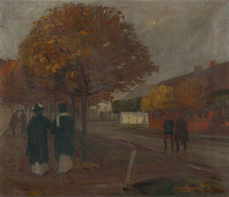 Obra figurativa de Jozef Teodor Mousson, retratando um casal na natureza, meio desconhecido