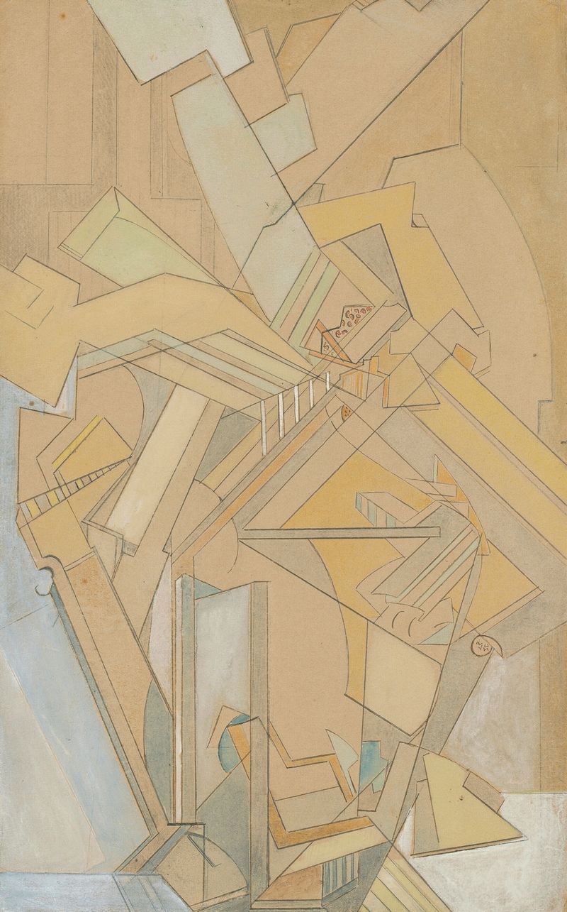 Composição abstrata de Lawrence Atkinson, óleo sobre tela com formas giratórias em azul e dourado.