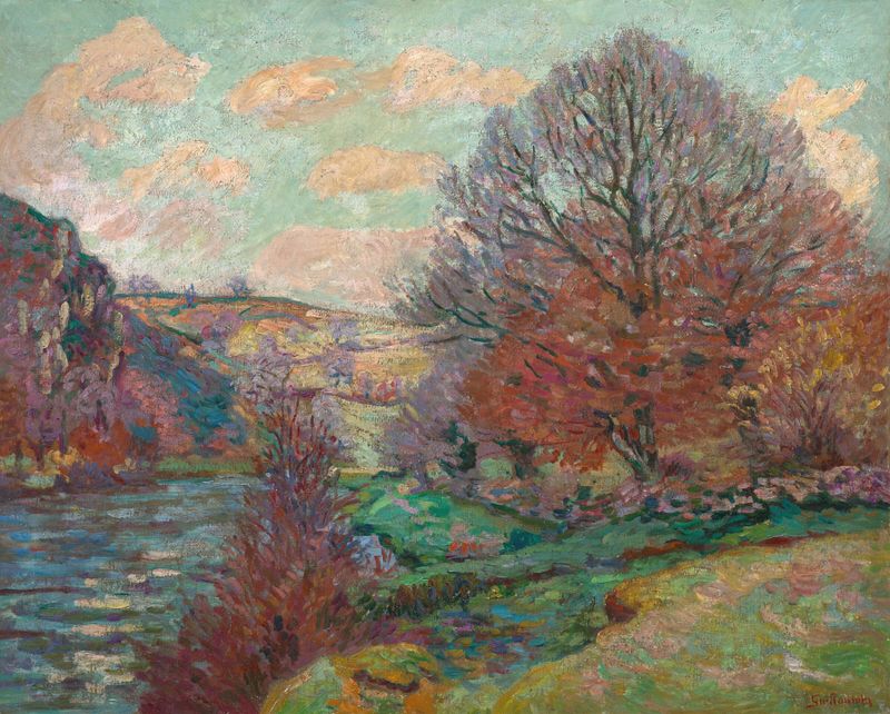 Paisaje con un afloramiento rocoso y un río, óleo sobre lienzo de Armand Guillaumin