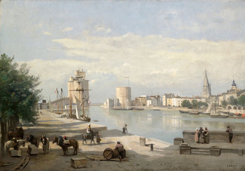 O Porto de La Rochelle, óleo sobre tela de Jean-Baptiste-Camille Corot, com barcos e reflexos.
