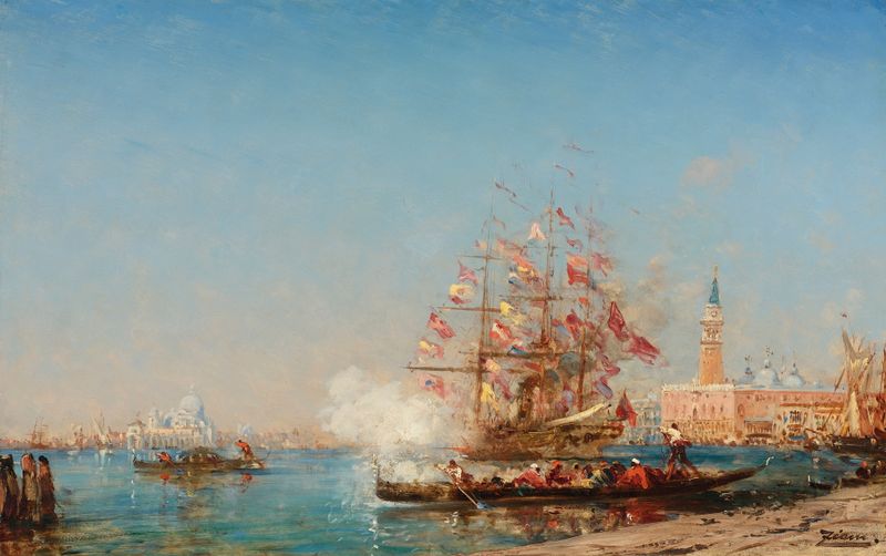 Cena marinha de La Fête De L’assomption À Venise de Félix Ziem, pintura a óleo com barcos e celebração.