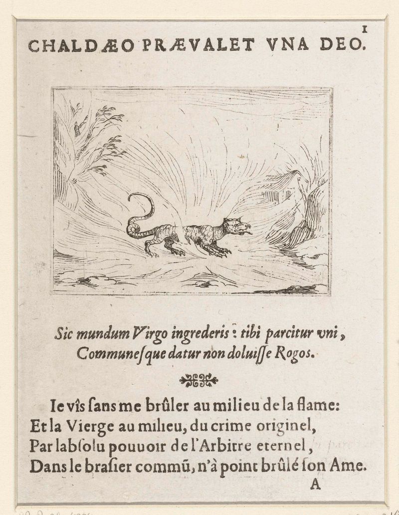 Grabado de Jacques Callot que representa una salamandra en colores vibrantes sobre un fondo oscuro
