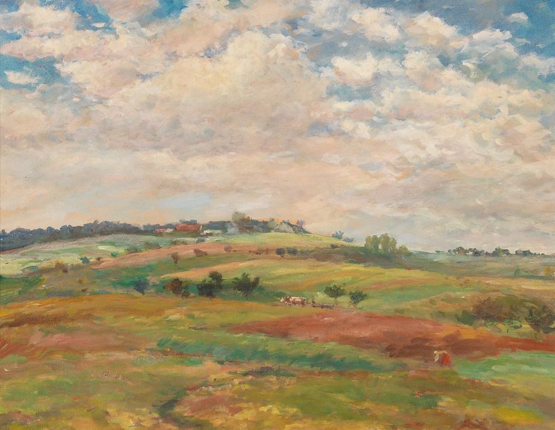 Follower Pasture Landscape In The Summer Light by Antonín Slavíček, oil on canvas depicting hills and wildflowers.