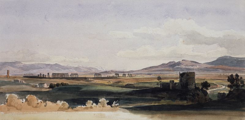 Landscape oil painting by Ernst Fries featuring hills and greenery under a blue sky.