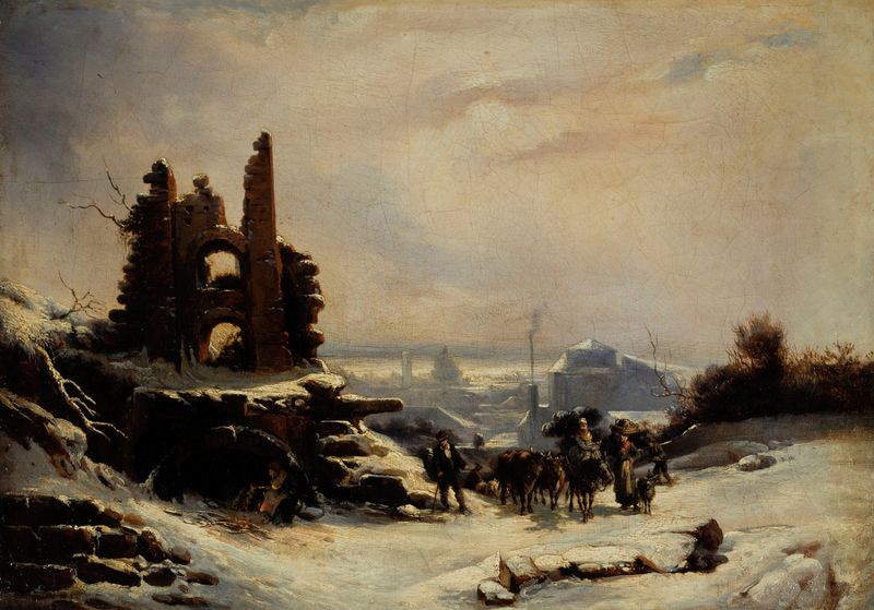 Escena de género que representa un mercado invernal en París por Louis Claude Mallebranche, pintura al óleo