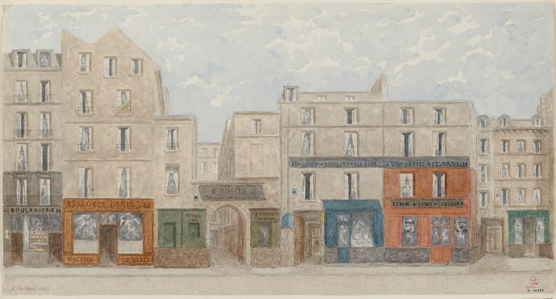 Rue Beaubourg nº38 à 44 de Jules Gaildrau, óleo sobre lienzo que representa arquitectura urbana