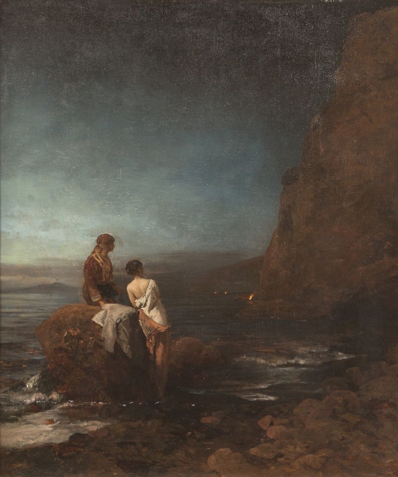 Escena nocturna de Oswald Achenbach que representa la playa de Nápoles, óleo con reflejos de luna en el agua.