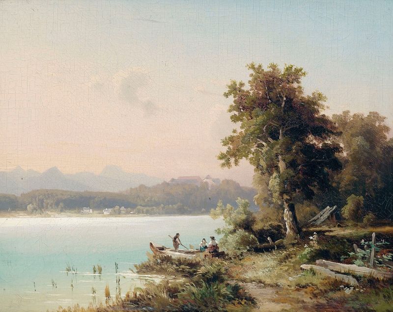 Pintura de paisagem a óleo de Wilhelm Lichtenheld mostrando a névoa da manhã sobre o Chiemsee.