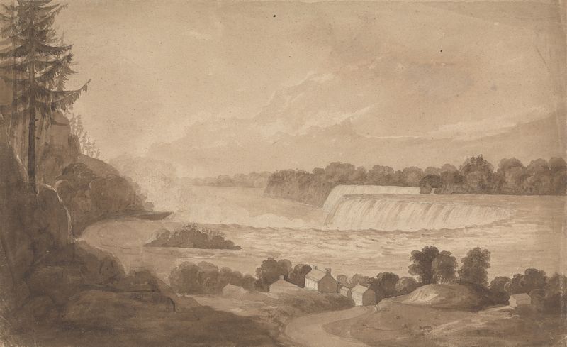 View of Niagara Falls with houses in the foreground by Isaac Weld, oil painting