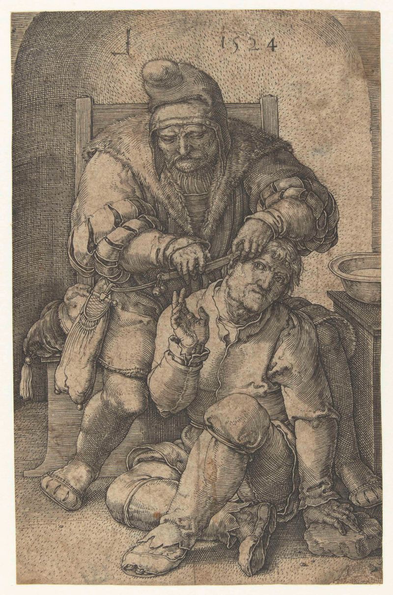 Grabado de Lucas van Leyden que representa a un cirujano preparándose para una operación con luz cálida.