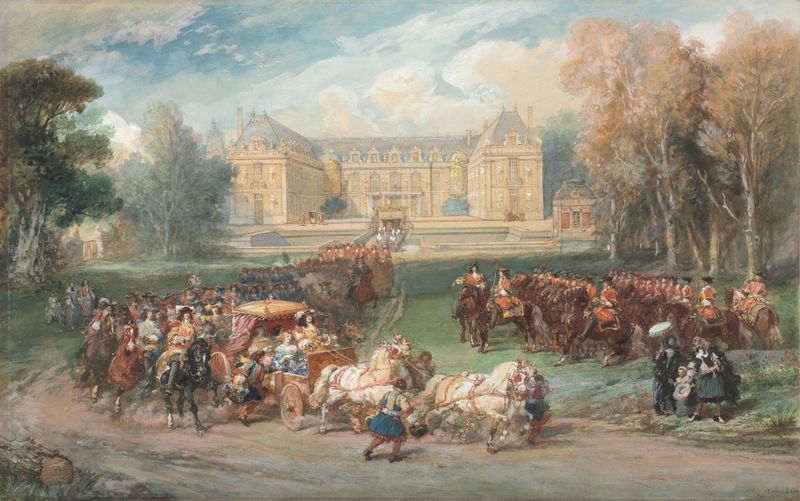 Louis XIV Driving his Coach in the Park of Versailles, óleo sobre tela de Eugène Lami
