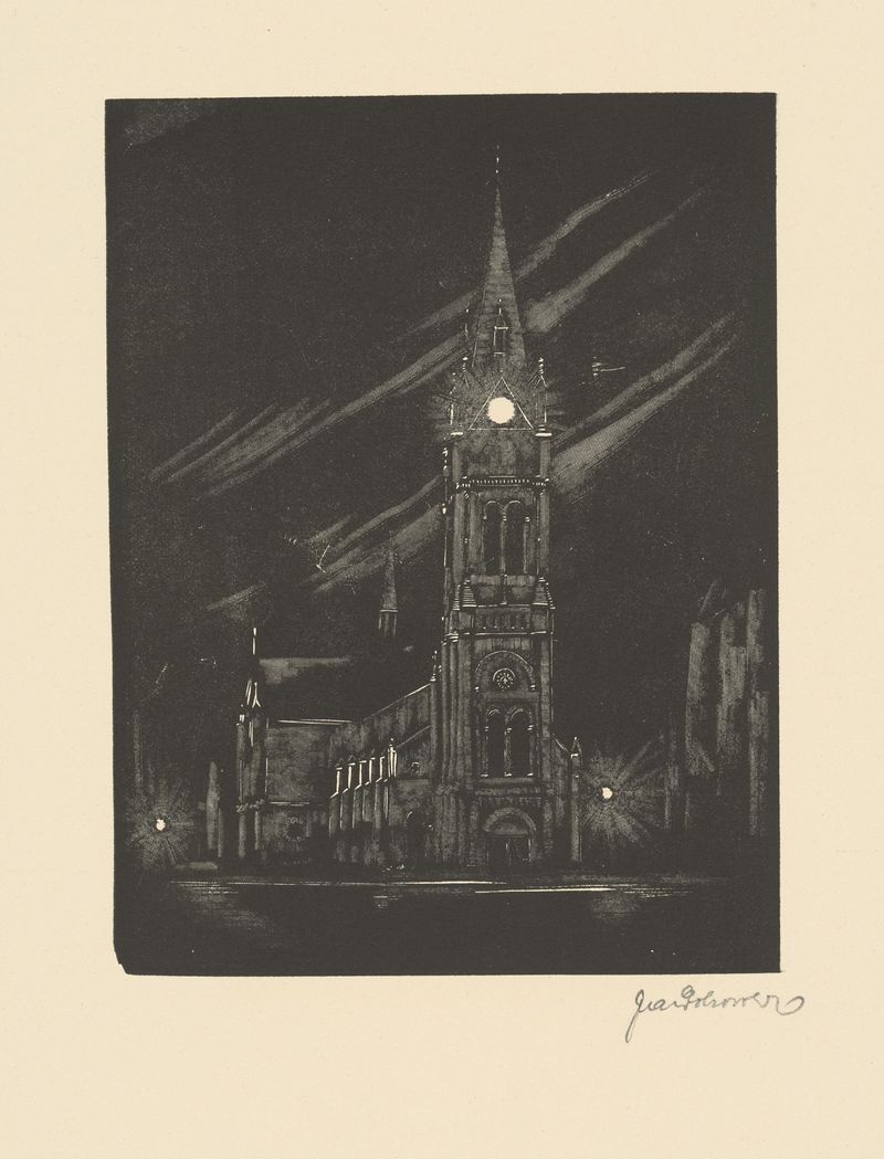 Blumentálsky kostol by Jaroslav Dobrovolský, modernism, depicting a church with swirling sky