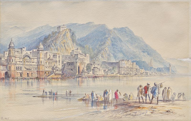 Paisagem vibrante de Hardwar, Índia, aquarela sobre papel de Edward Lear