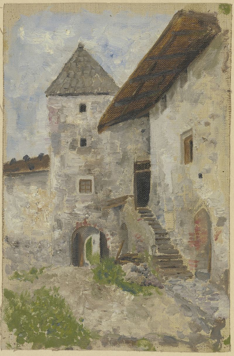 Tower of a city wall by Fritz Hauck, oil painting depicting a somber tower against a muted landscape.