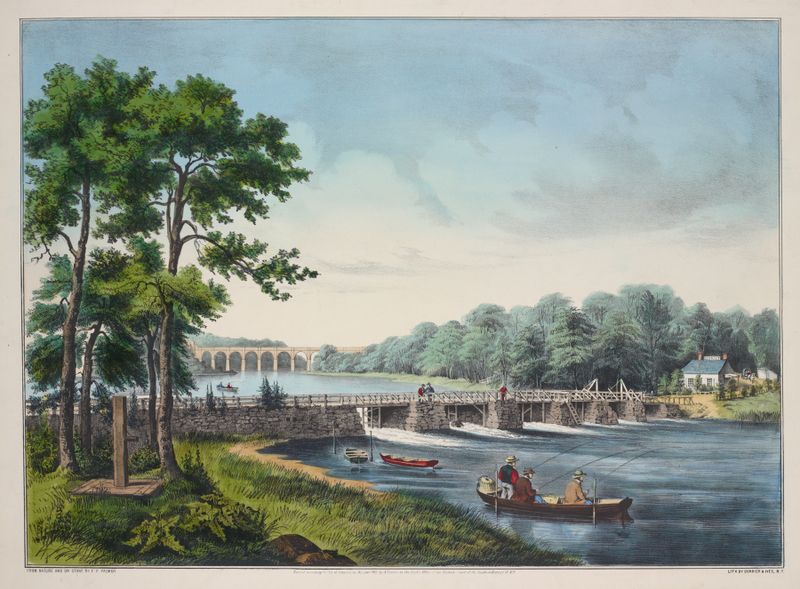 View on the Harlem River lithograph by Fanny Palmer, featuring a distant bridge and tranquil river.