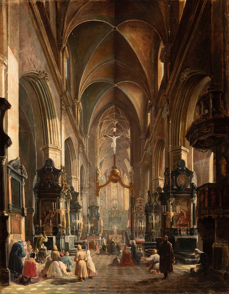 Interior of the Church of Virgin Mary in Kraków, oil on canvas by Aleksander Gryglewski