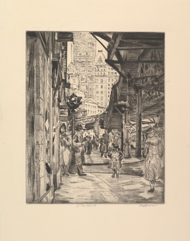 L Fulton Street by Mortimer Borne, oil on canvas, depicting an autumn landscape with cobblestone street and tall buildings.