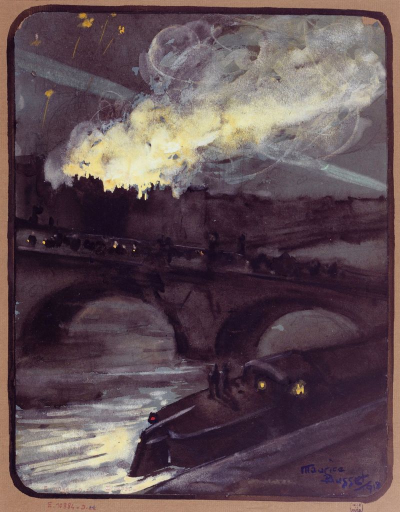 Cena histórica de incêndio em Paris, óleo sobre tela de Maurice Busset