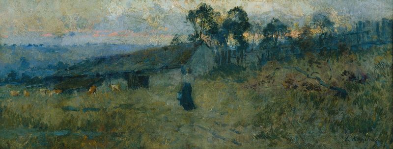 The Milking Shed by E Phillips Fox, oil painting of a farmer milking a cow in soft light