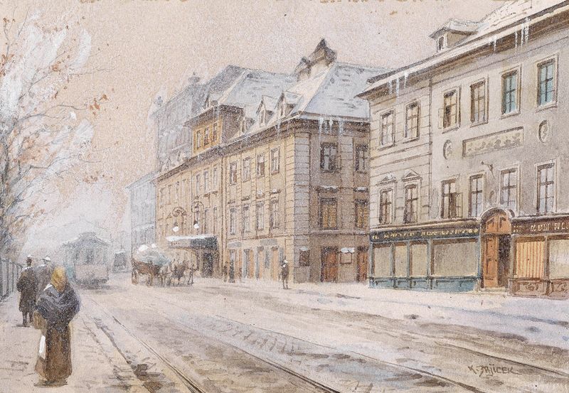 Theater an der Wien im Winter by Karl Wenzel Zajicek, oil painting depicting a winter cityscape.
