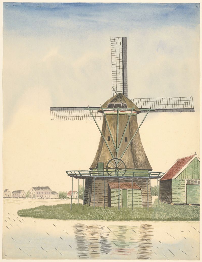 Paisagem com moinho e água, pintura a óleo de Johannes Nicolaas Eijman