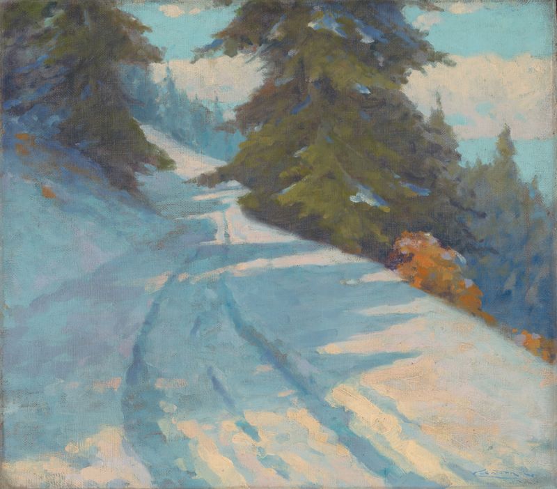 Paisaje de invierno de Ľudovít Čordák, Post-Impresionismo, que representa un sereno atardecer invernal con colores suaves.