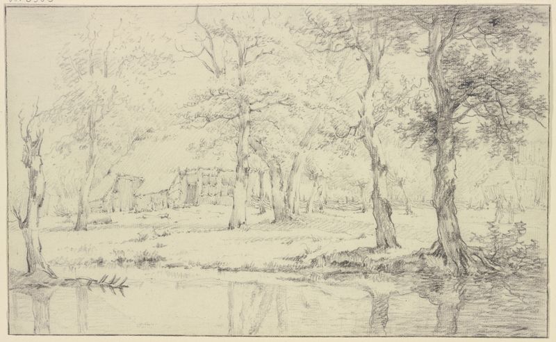 Landschaft, vorne Wasser, unter vielen Bäumen ein Haus mit Zaun de Jan Hulswit, pintura al óleo