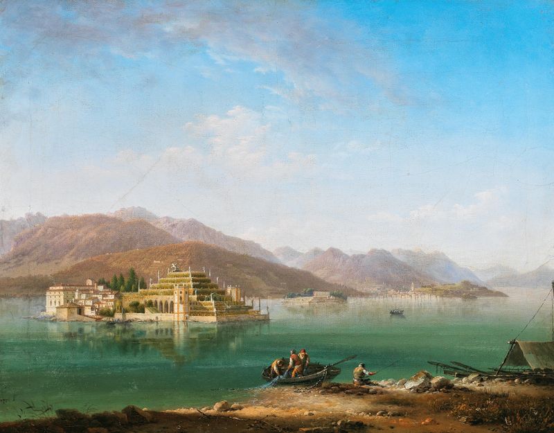 Fishermen on Lake Maggiore by Marco Gozzi, oil painting depicting serene water and fishermen.