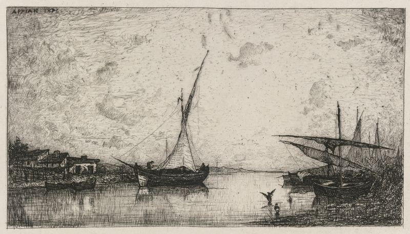 Canal aux Martigues by Adolphe Appian, oil on canvas depicting a serene landscape with water reflections.