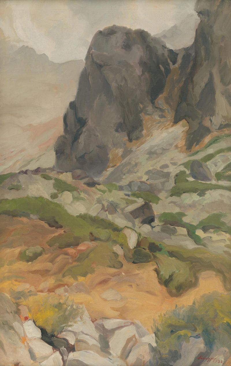 Tatry de Zolo Palugyay, pintura a óleo que retrata montanhas e um céu vibrante
