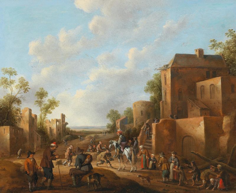 Village landscape with country folk near a tavern, oil on canvas by Joost Cornelisz Droochsloot