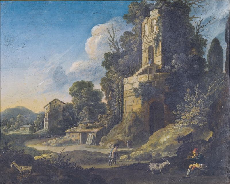 Italianate landscape with a herdsman playing pipes, oil painting by Bartholomeus Breenbergh