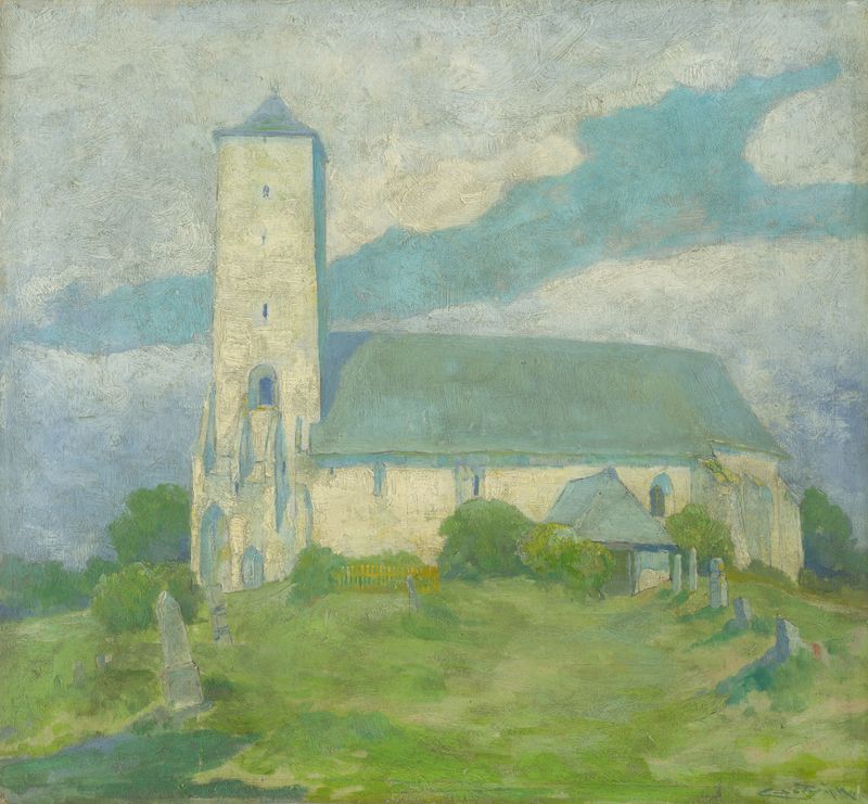 Church in Svinica de Ľudovít Čordák, óleo sobre tela que retrata uma paisagem de vila tranquila.