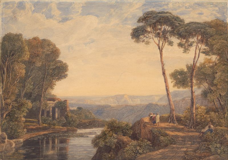 Landscape with a temple and figures by a river, oil on canvas by Francis Oliver Finch.