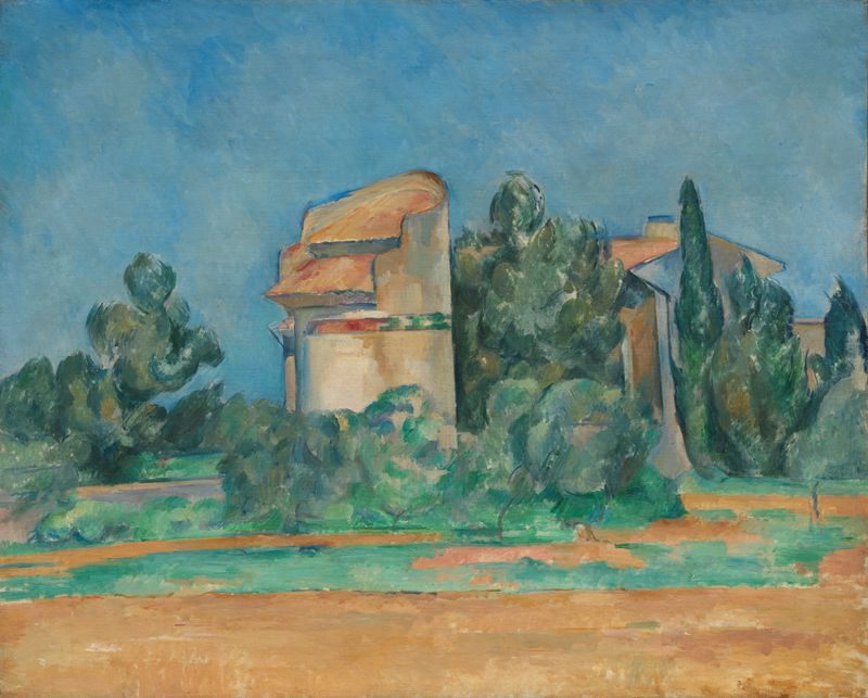 La Torre de Palomas en Bellevue de Paul Cezanne, óleo sobre lienzo, presenta una torre en un paisaje sereno.