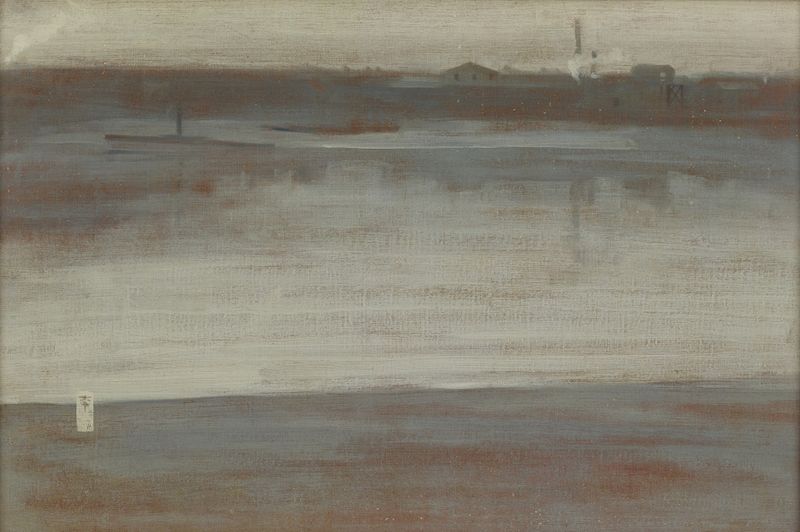 Symphony in Grey; Early Morning, Thames de James Abbott McNeill Whistler, óleo de un paisaje de río brumoso