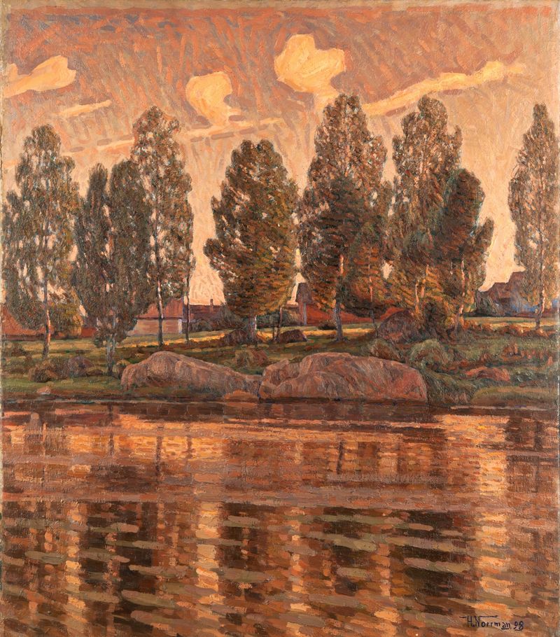 On the River Bank by Herman Norrman, Impressionism, depicting a serene river landscape.