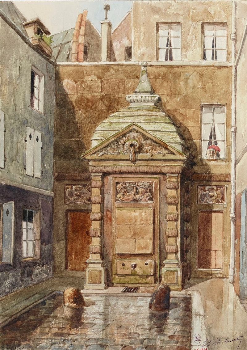 Ancienne fontaine Sainte Catherine de Henri Berthaut, impressionismo, retratando uma fonte serena em Paris.